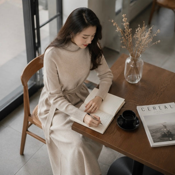 Purple Cashmere Sweater Dress- Women Slim Fit Knee Length Knit Dress for Autumn Winter Elegant Warm Fashion Styling