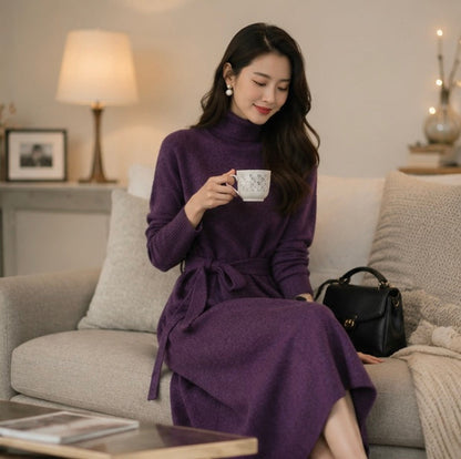 Purple Cashmere Sweater Dress- Women Slim Fit Knee Length Knit Dress for Autumn Winter Elegant Warm Fashion Styling