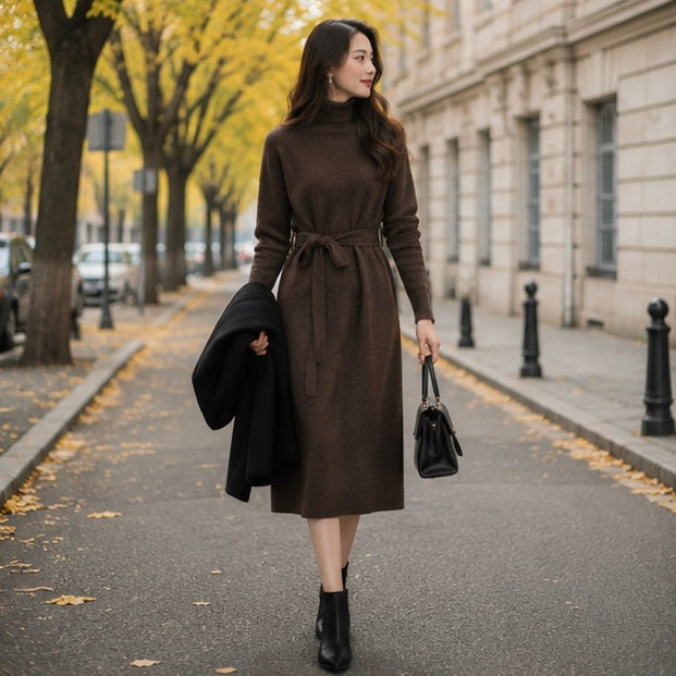 Purple Cashmere Sweater Dress- Women Slim Fit Knee Length Knit Dress for Autumn Winter Elegant Warm Fashion Styling