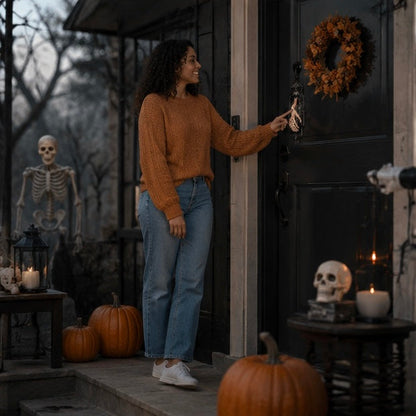 Skeleton Hand Halloween Doorbell Decoration – Touch and Motion Activated Haunted Doorbell with Red Light and Scary Sound Effects