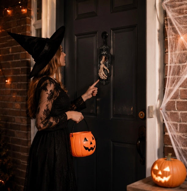 Skeleton Hand Halloween Doorbell Decoration – Touch and Motion Activated Haunted Doorbell with Red Light and Scary Sound Effects