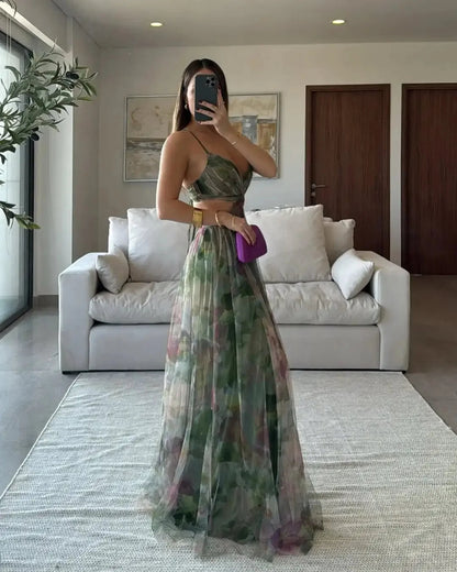 Sexy Hollow-Out Party Maxi Dress – Women’s Summer Print Sleeveless Lace-Up Vestido for Lounge, Outdoor Events or Evening Glamour