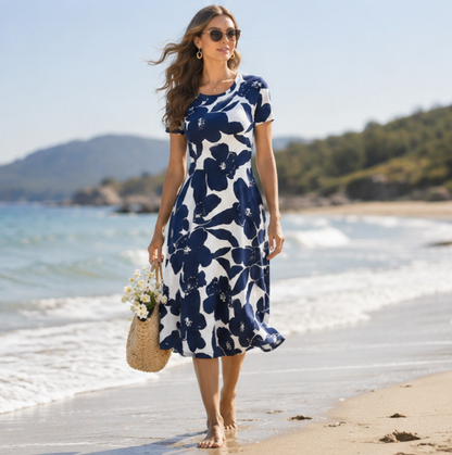Floral Summer Dress Women - High Waist Short Sleeve Knee Length Dress, Casual Elegant Outfit for Daily and Party Wear