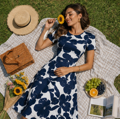 Floral Summer Dress Women - High Waist Short Sleeve Knee Length Dress, Casual Elegant Outfit for Daily and Party Wear