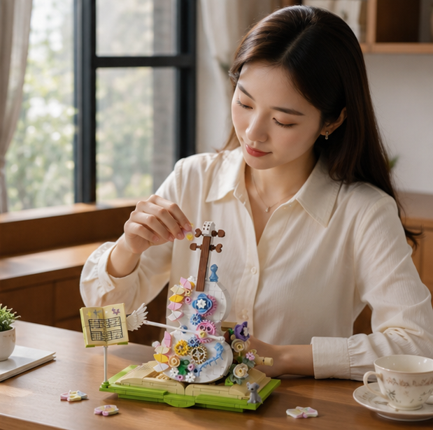 Flower Violin Building Blocks – Creative Assembly Toy for Girls and Decorative Display