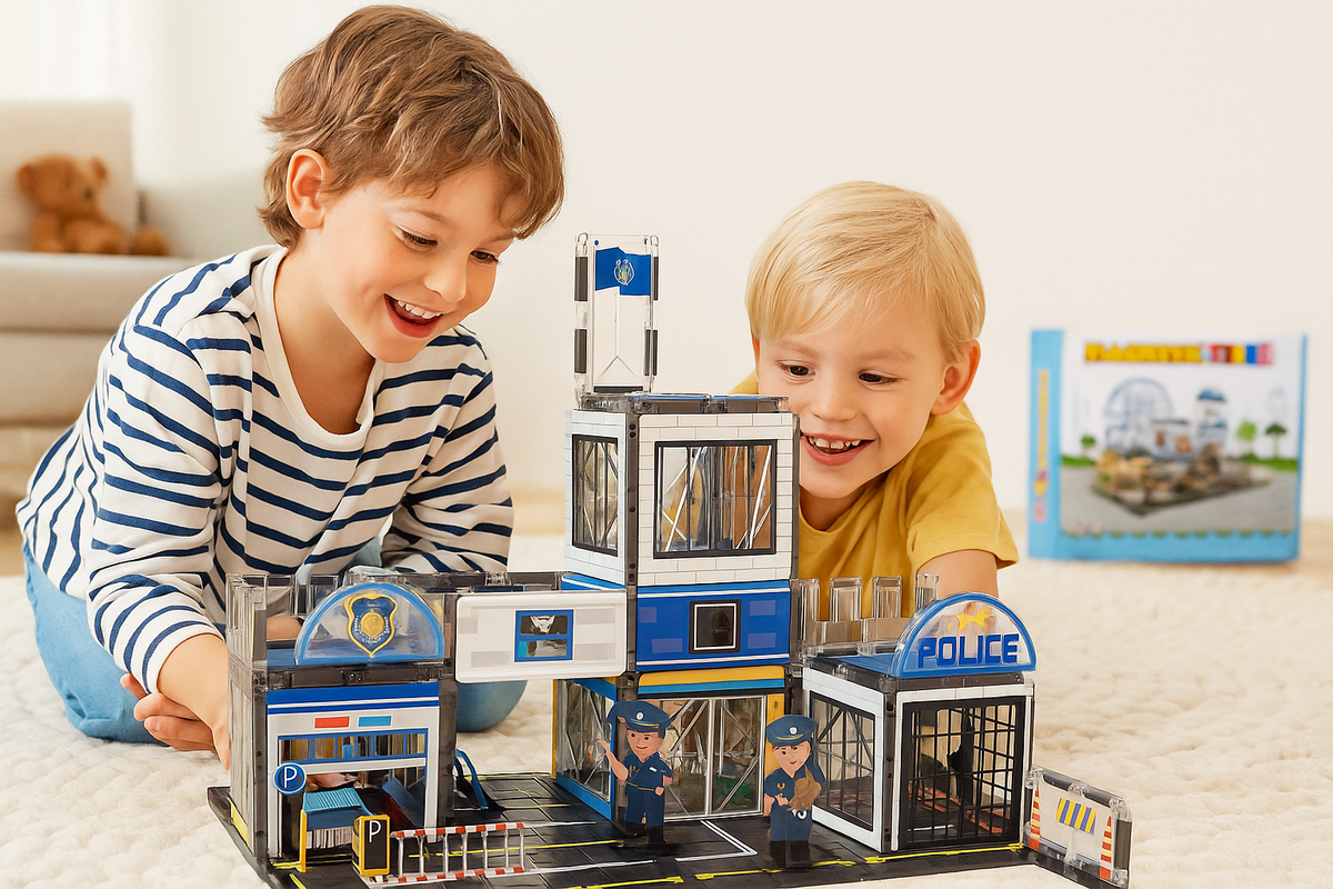 Magnetic Police & Fire Station Playset – Educational Garage Tower Construction Toys with Vehicles for Toddlers, Enhancing Creativity and Focus