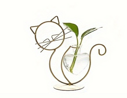 Heart-Shaped Cat Iron Flower Vase – Creative Hydroponic Glass Planter for Dining Table & Home Décor