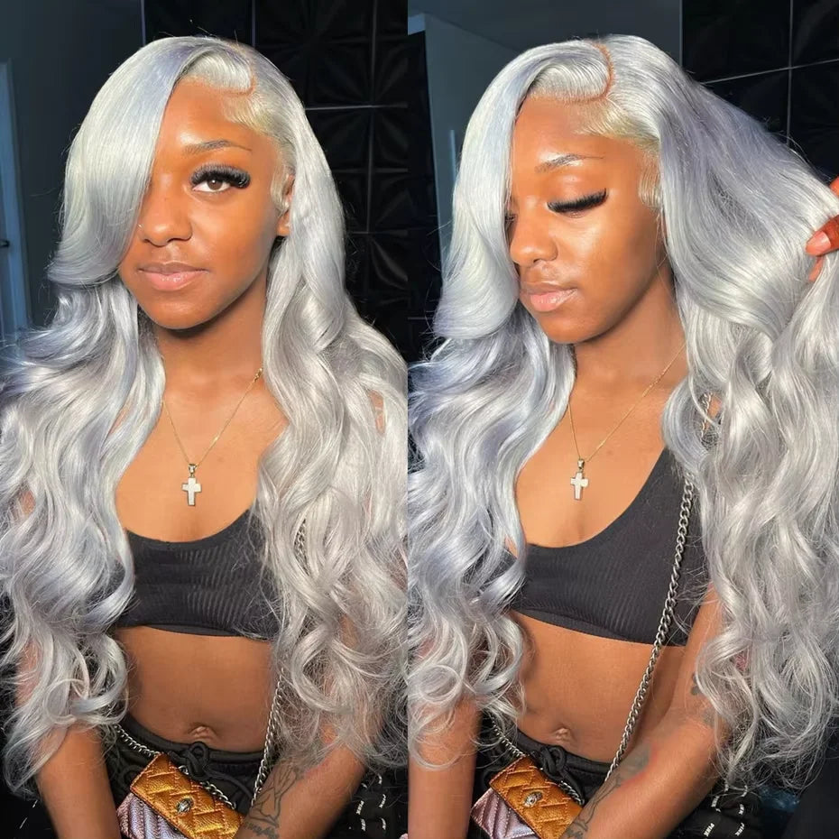 Silver Grey Lace Front Wig – 13 x 6 Pre-Plucked Human Hair Straight & Body Wave Blonde Wig for Women, Natural & Stylish Look