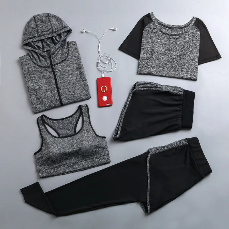 Women’s Outdoor Sportswear Set – 5-Piece Quick-Dry Yoga T-Shirt, Bra, Shorts, Coat & Pants for Running, Gym, and Fitness
