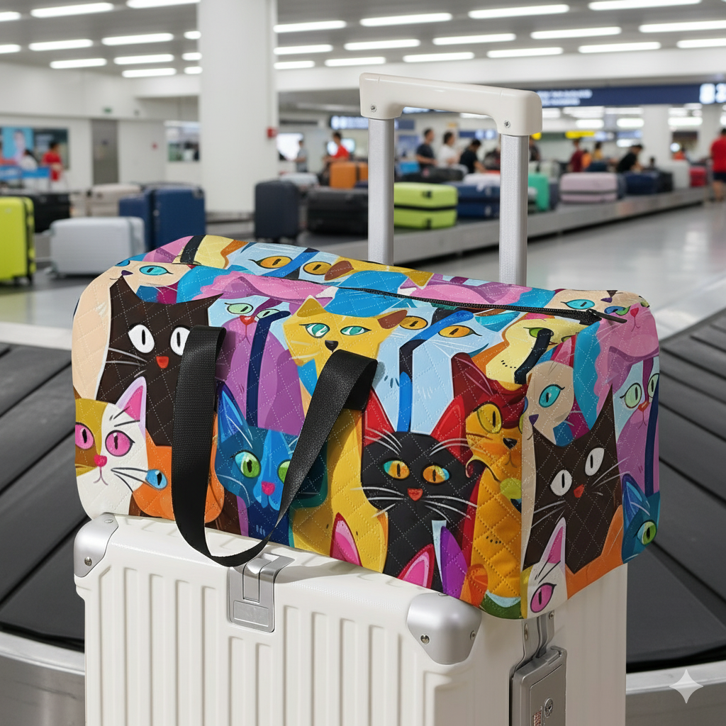 Cartoon Cat Travel Duffel Bag – Large Capacity Quilted Gym, Yoga, and Training Bag with Shoe Compartment and Stylish Print