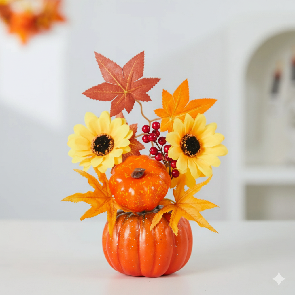 Decorative Maple Leaf and Pumpkin Ornament – Realistic Autumn Harvest Festival Arrangement for Home Scene Display and Seasonal Fall Decoration