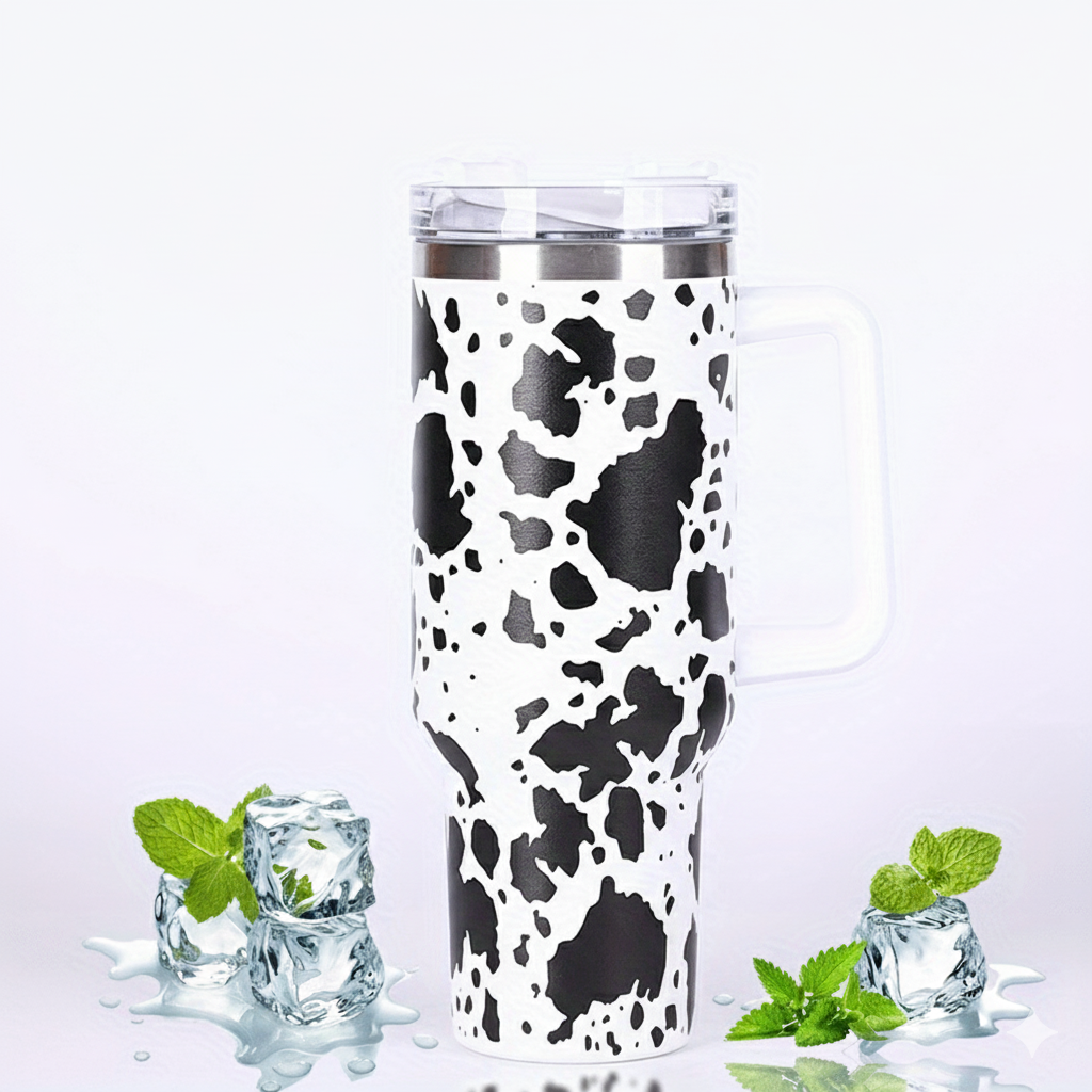 Stainless Steel Insulated Cow Print Tumbler – 40oz Travel Mug with Handle and Straw Lid, Heat-Preserving, Perfect Gift for Camping, Sports, and Outdoor Adventures