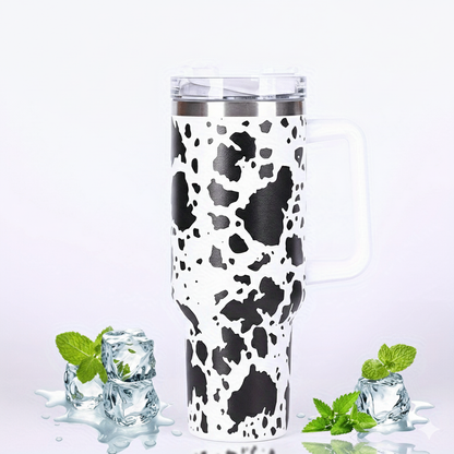 Stainless Steel Insulated Cow Print Tumbler – 40oz Travel Mug with Handle and Straw Lid, Heat-Preserving, Perfect Gift for Camping, Sports, and Outdoor Adventures
