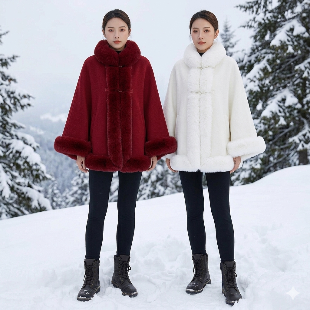 Women’s Faux Fur Cape Shawl – Chinese Style Qipao Poncho Coat with Thick Plush Design, Elegant Autumn Winter Outerwear for Sophisticated Cold Weather Fashion