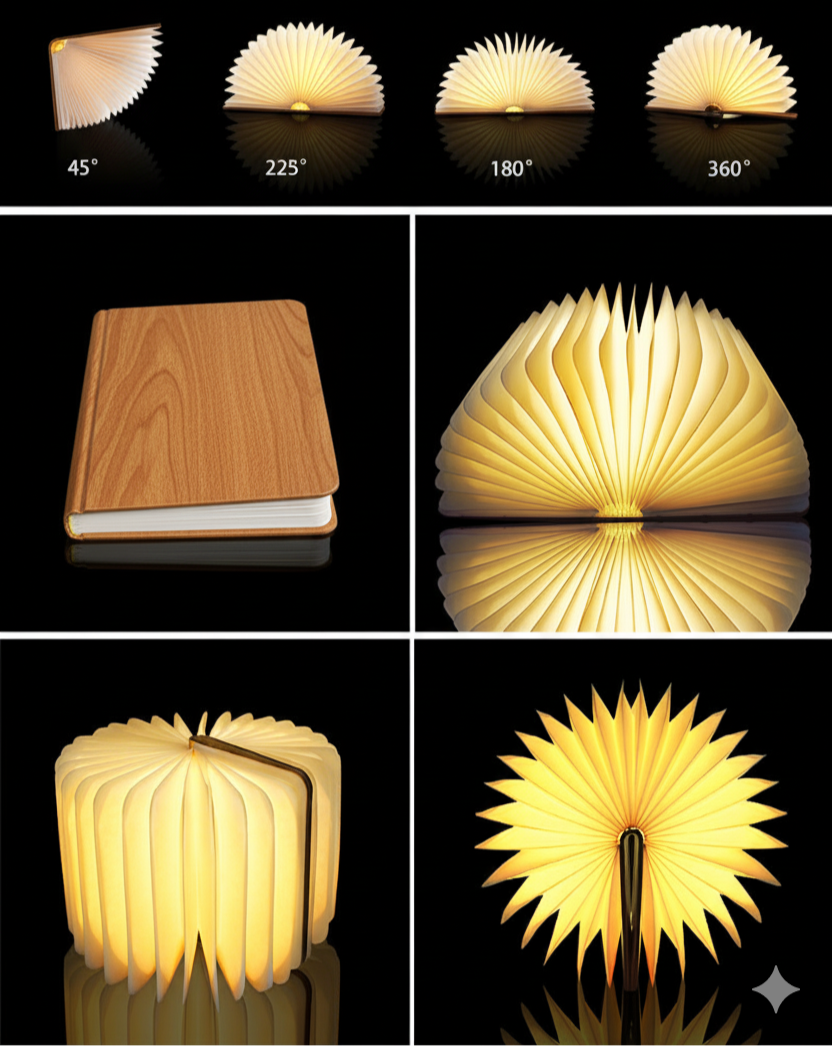 Foldable Wooden Notebook LED Desk Lamp – USB Rechargeable Light with Metal Finish, Compatible with Google Assistant, Perfect for Bedrooms, Offices, and Stylish Gifts
