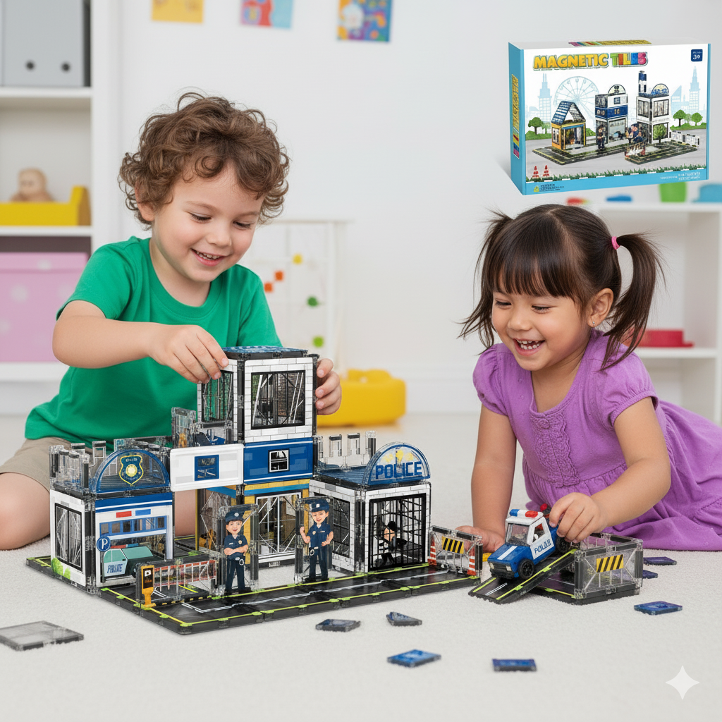 Magnetic Police & Fire Station Playset – Educational Garage Tower Construction Toys with Vehicles for Toddlers, Enhancing Creativity and Focus