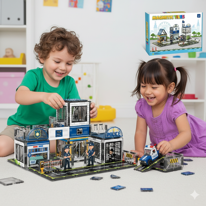 Magnetic Police & Fire Station Playset – Educational Garage Tower Construction Toys with Vehicles for Toddlers, Enhancing Creativity and Focus