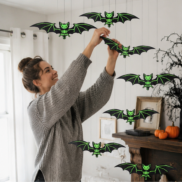 Halloween Hanging Glow-in-the-Dark Bats – 3D Glowing Plastic Decorations for Haunted House Indoor and Outdoor Party Décor