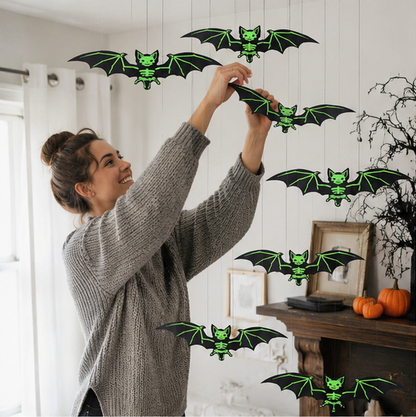 Halloween Hanging Glow-in-the-Dark Bats – 3D Glowing Plastic Decorations for Haunted House Indoor and Outdoor Party Décor