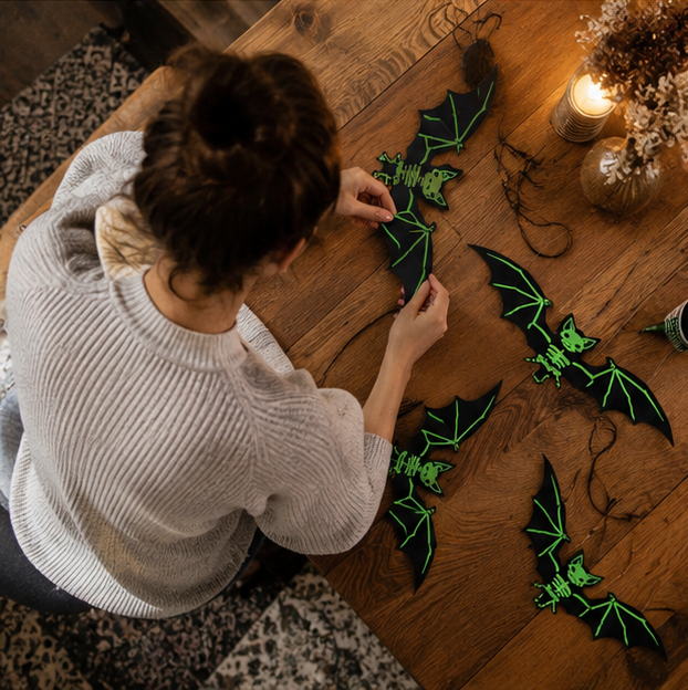 Halloween Hanging Glow-in-the-Dark Bats – 3D Glowing Plastic Decorations for Haunted House Indoor and Outdoor Party Décor