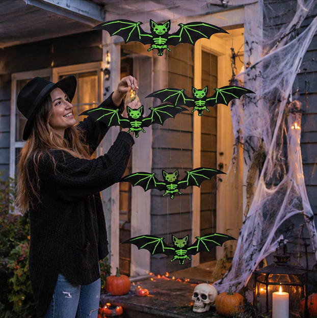 Halloween Hanging Glow-in-the-Dark Bats – 3D Glowing Plastic Decorations for Haunted House Indoor and Outdoor Party Décor