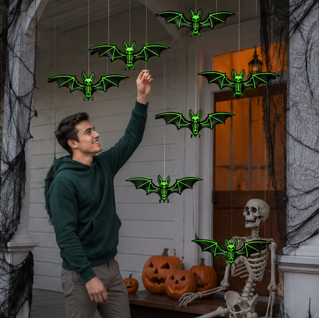 Halloween Hanging Glow-in-the-Dark Bats – 3D Glowing Plastic Decorations for Haunted House Indoor and Outdoor Party Décor