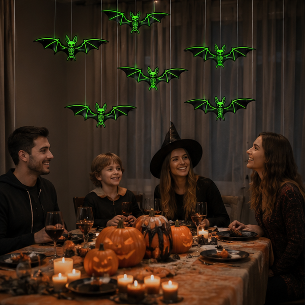 Halloween Hanging Glow-in-the-Dark Bats – 3D Glowing Plastic Decorations for Haunted House Indoor and Outdoor Party Décor