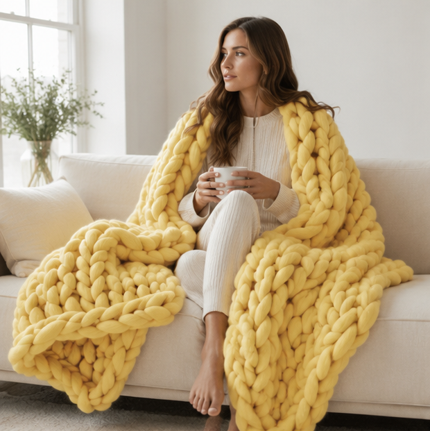 Handmade Chunky Knit Blanket - Thick Wool Throw for Bedroom Decor, Sofa Styling and Cozy Comfort