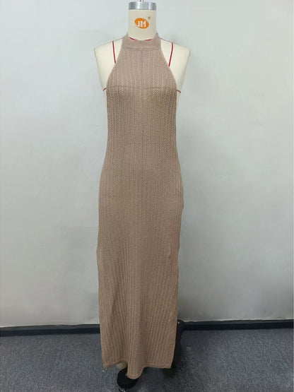 Halter Crochet Beach Cover-Up – Sexy Backless High-Split Knitted Tunic Dress for Vacations and Poolside Wear