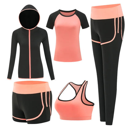 Women’s Outdoor Sportswear Set – 5-Piece Quick-Dry Yoga T-Shirt, Bra, Shorts, Coat & Pants for Running, Gym, and Fitness
