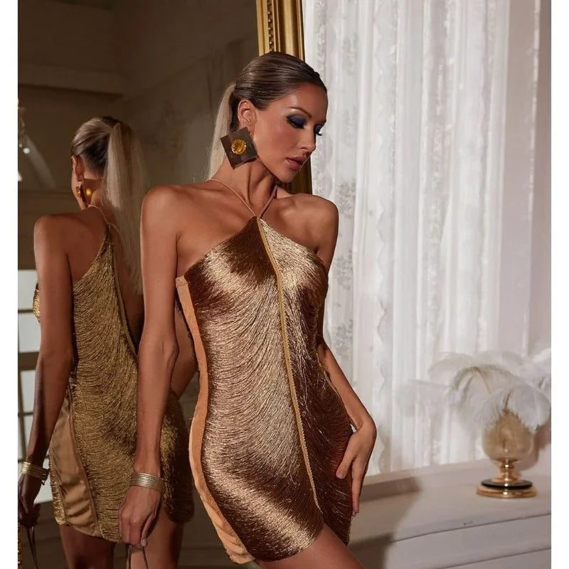 Fringe V-Neck Halter Patchwork Tassel Mini Dress – Elegant Cut-Out Short Dress for Women, Asymmetric Summer Party & Club Fashion