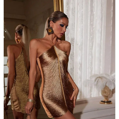 Fringe V-Neck Halter Patchwork Tassel Mini Dress – Elegant Cut-Out Short Dress for Women, Asymmetric Summer Party & Club Fashion