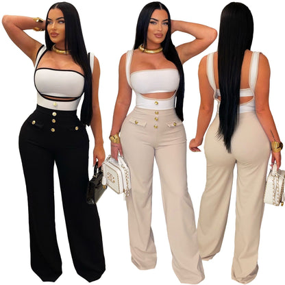Elegant Strapless Suspender Two Piece Outfit – Sexy Crop Top and High Waist Pants Set, Trendy Y2K Clubwear for Women Party Fashion