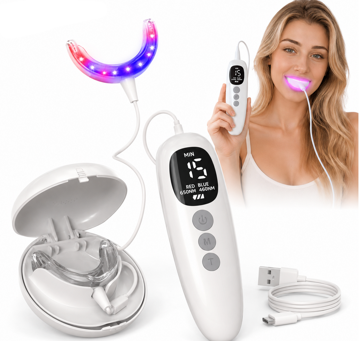 Red Light Oral Care Mouthpiece – Rechargeable LED Gum Therapy Device with Red and Blue Light, Timers and Detachable Easy Clean Tray