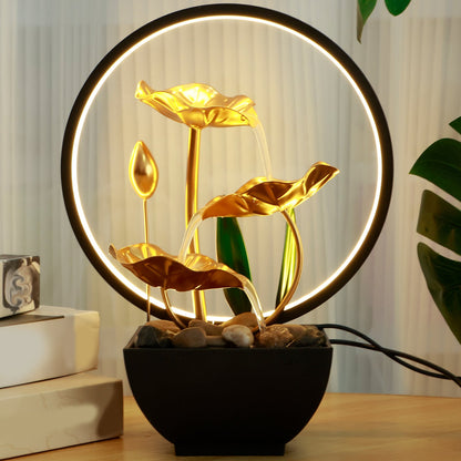 Flowing Water Tabletop Fountain Decor – LED Ring Light Meditation Fountain with Circulating Water for Home Office Zen & Feng Shui Ambience