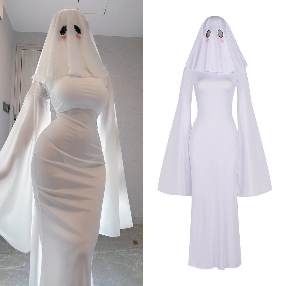Anime Ghost Bride Costume – Cute White Fitted Dress with Mask for Women, Halloween Carnival Cosplay, Parties and Spooky Character Styling
