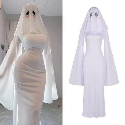 Anime Ghost Bride Costume – Cute White Fitted Dress with Mask for Women, Halloween Carnival Cosplay, Parties and Spooky Character Styling