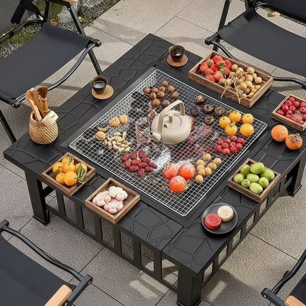 Complete Outdoor BBQ Grill Set – Courtyard Barbecue Grill, Heating Table and Cooking Rack for Family Gatherings, Parties and Backyard Entertaining