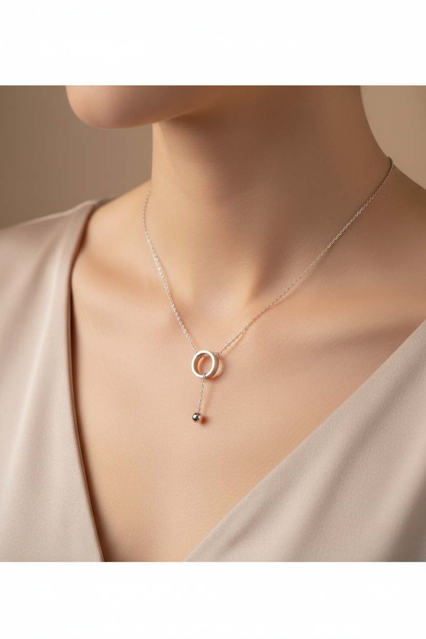 Geometric Circle Pendant Necklace – Silver Tone Beaded Tassel Clavicle Chain with Aesthetic Choker Design for Women, Fashion and Everyday Styling