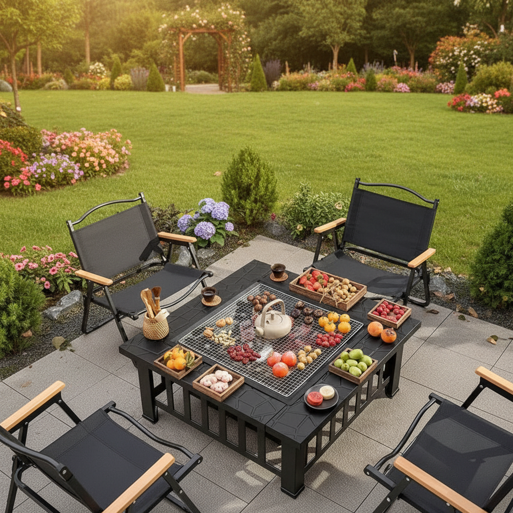Complete Outdoor BBQ Grill Set – Courtyard Barbecue Grill, Heating Table and Cooking Rack for Family Gatherings, Parties and Backyard Entertaining