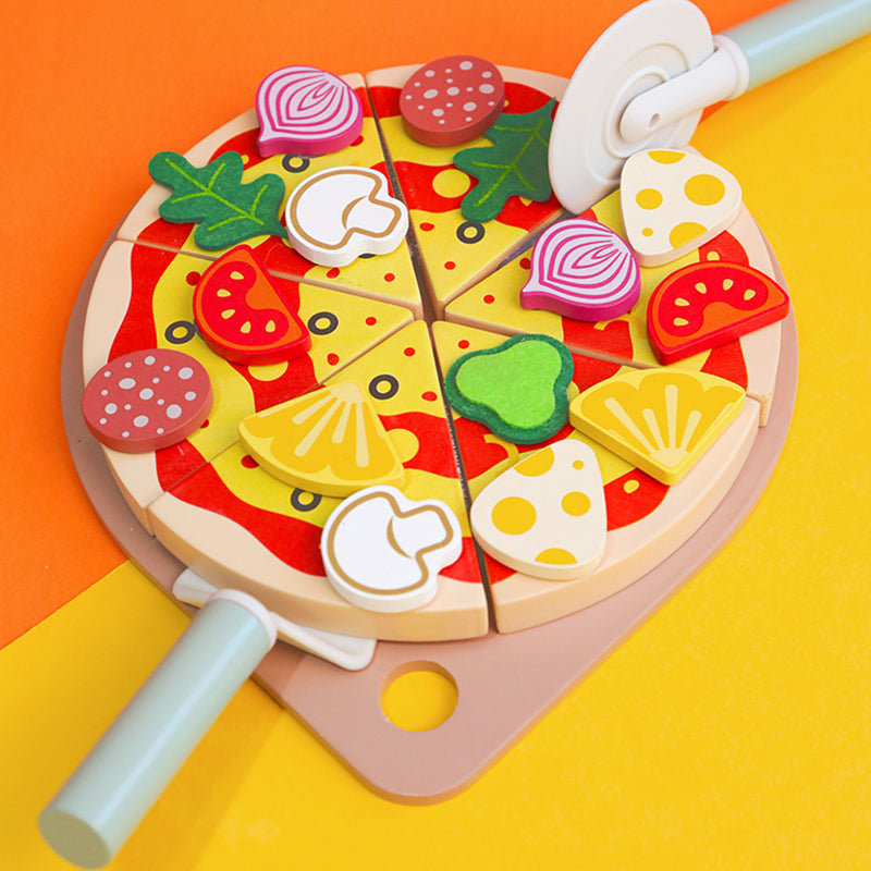 Wooden Pizza Fruit and Vegetable Play Set – Pretend Kitchen Food Toys for Kids, Roleplay Learning and Imaginative Cooking Adventures