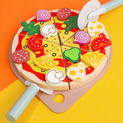 Wooden Pizza Fruit and Vegetable Play Set – Pretend Kitchen Food Toys for Kids, Roleplay Learning and Imaginative Cooking Adventures
