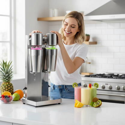 Double-Head Stainless Steel Milkshake Machine – Powerful Drink Mixer for Milk Foam, Smoothies, Bubble Tea and Café-Style Beverages at Home