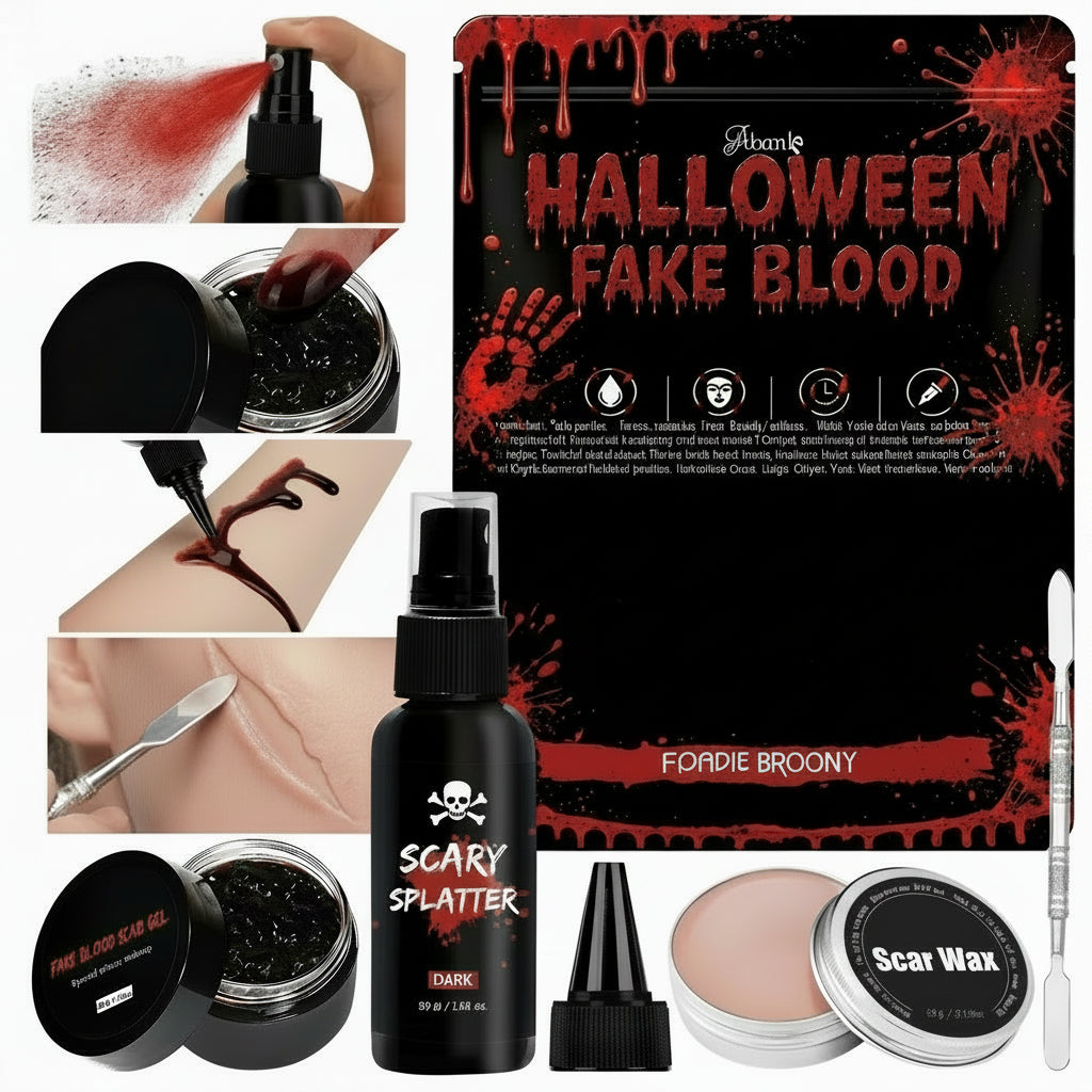 Fake Blood Makeup Kit – 5-Piece Realistic Washable Halloween SFX Set for Zombies, Monsters, Mouth Effects, Clothes and Horror Costumes