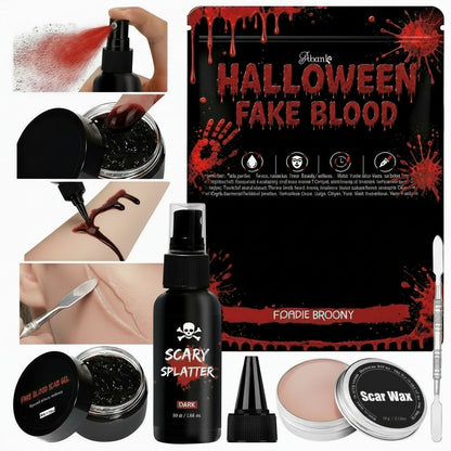 Fake Blood Makeup Kit – 5-Piece Realistic Washable Halloween SFX Set for Zombies, Monsters, Mouth Effects, Clothes and Horror Costumes