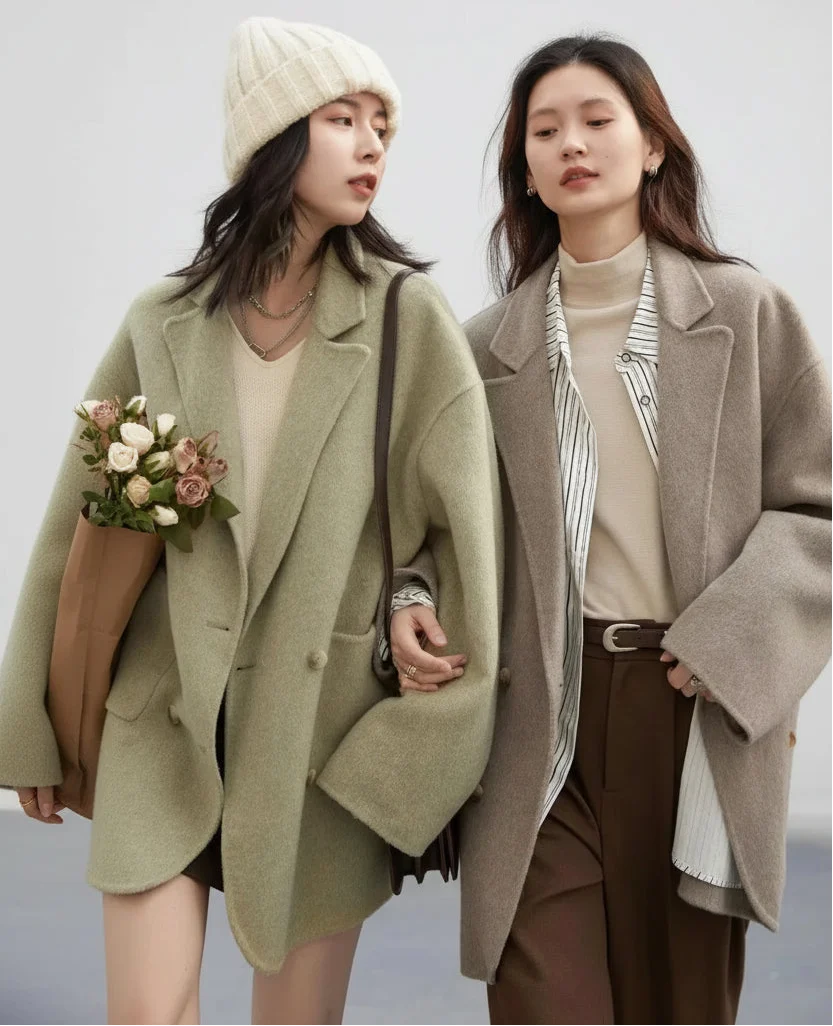 Women’s Woolen Coat – Loose Double Breasted Retro Jacket with Double-Sided Design for Elegant Office Style, Autumn Winter Fashion and Daily Wear