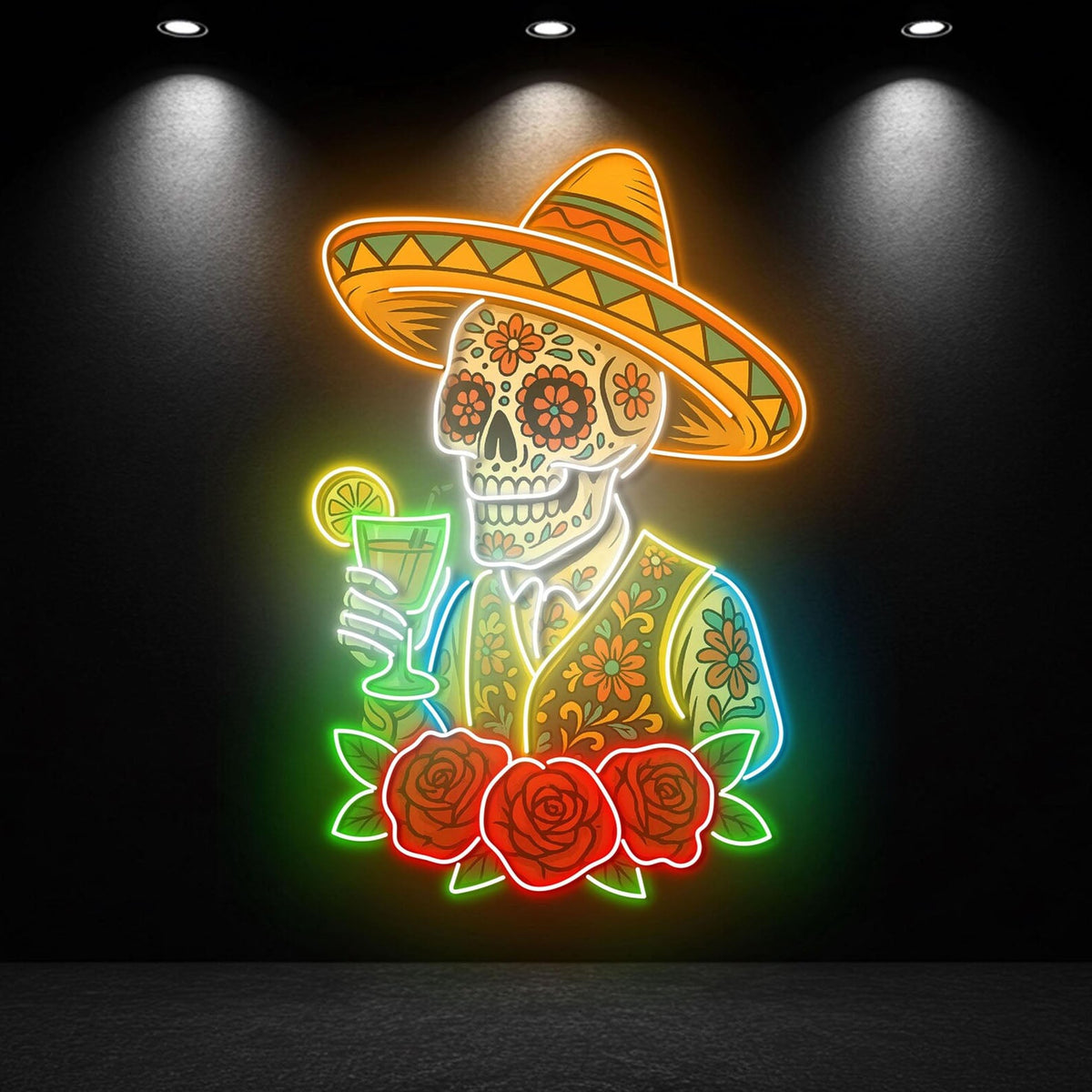 Mexican Skeleton Cocktail Neon Sign – Tequila Lounge and Bar Wall Decor for Martini Lovers, Parties and Bold Southwestern Nightlife Ambience