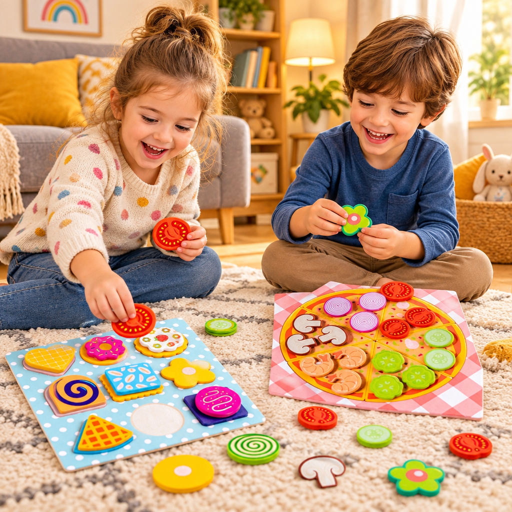 Wooden Donut Pizza Cookie Puzzle Set – Pretend Food Educational Toy for Kids with Matching, Sorting and Creative Kitchen Roleplay Fun