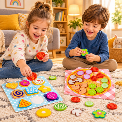 Wooden Donut Pizza Cookie Puzzle Set – Pretend Food Educational Toy for Kids with Matching, Sorting and Creative Kitchen Roleplay Fun