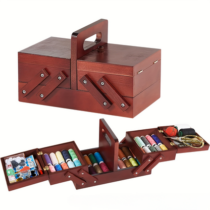 Wooden Sewing Box – Expandable Embroidery Storage Basket with Handle for Sewing Supplies, Threads, Needles and Portable Craft Organization